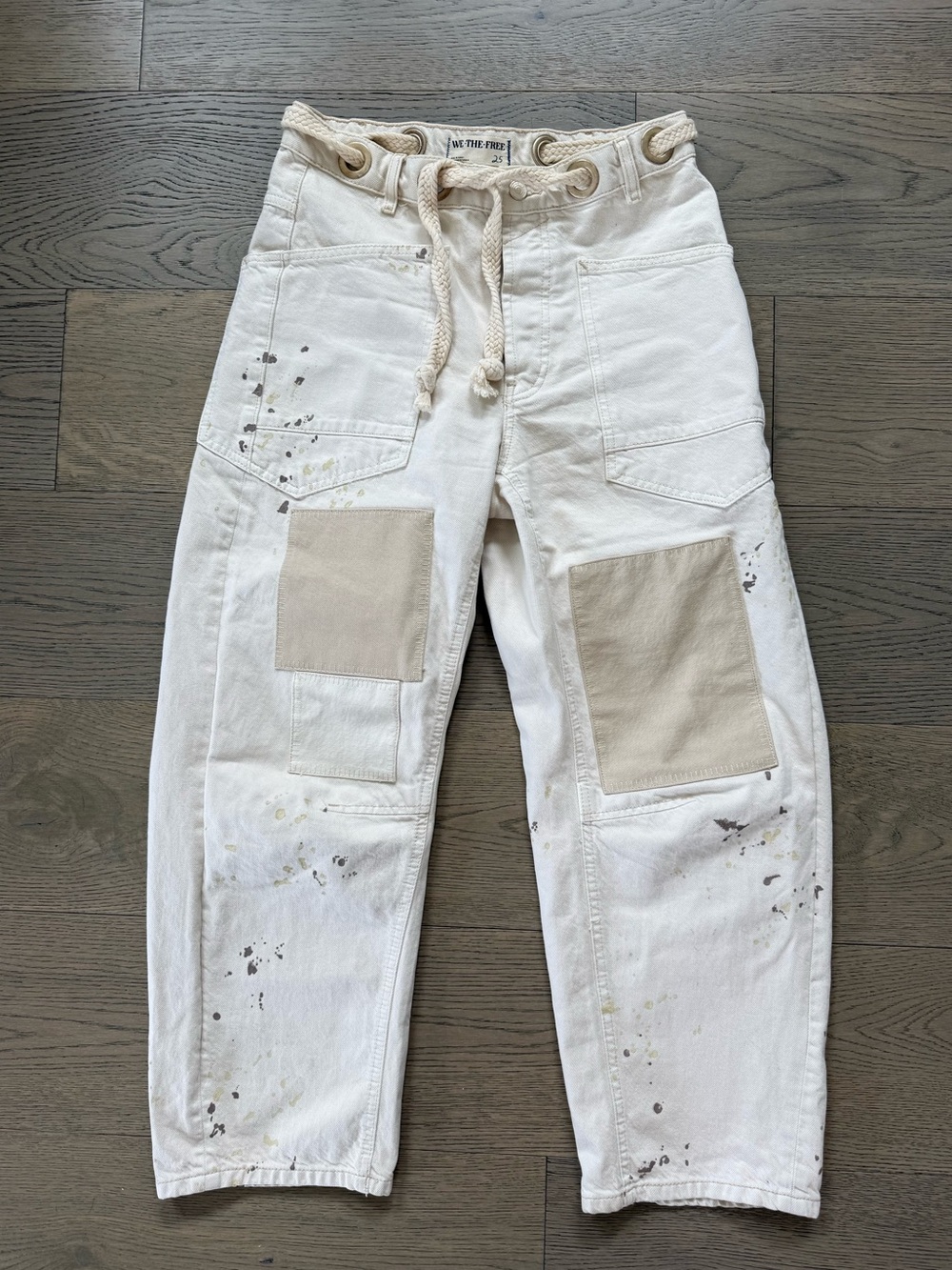We The Free Free People Cargo Painter Pants 25 Cream Patchwork Moxie Barrel Leg